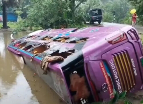 নিয়ন্ত্রণ হারিয়ে পুকুরে পর্যটকবাহী বাস, আহত ১৫